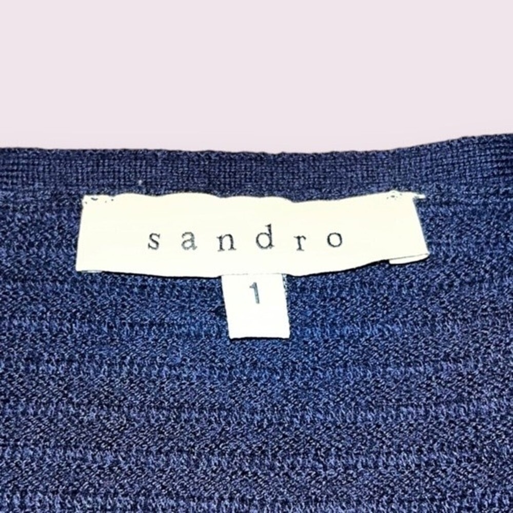 Sandro Paris Wool Sweater Ribbed Navy Black Leather Sleeves Womens Size Small - Picture 4 of 9